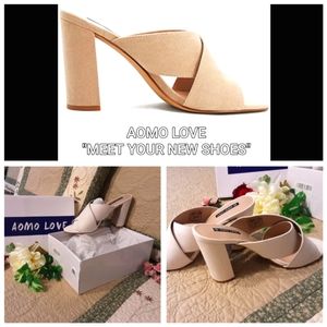 NEW, AOMO LOVE FAUX SUEDE 4" BLOCK HEEL SANDAL 8.5